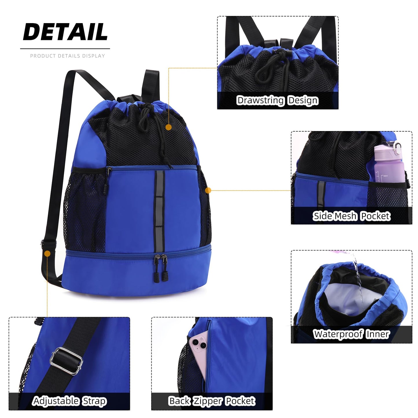 Valleycomfy Drawstring Gym Bag Sports Backpack With Shoe Compartment and Reflective Strips Royal Blue