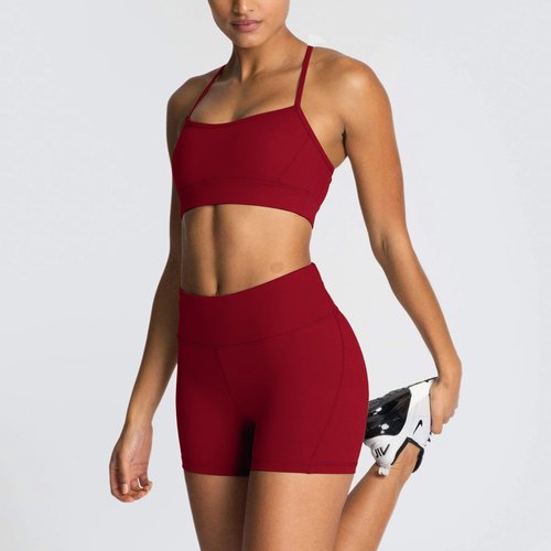 IMEKIS Workout Sets for Women: Cute 2 Piece Yoga Outfit Matching Clothing Tracksuits High Waisted Running Biker Shorts with Sport Bra Shirt Exercise Clothes Athletic Gym Active Wear # Burgundy Small