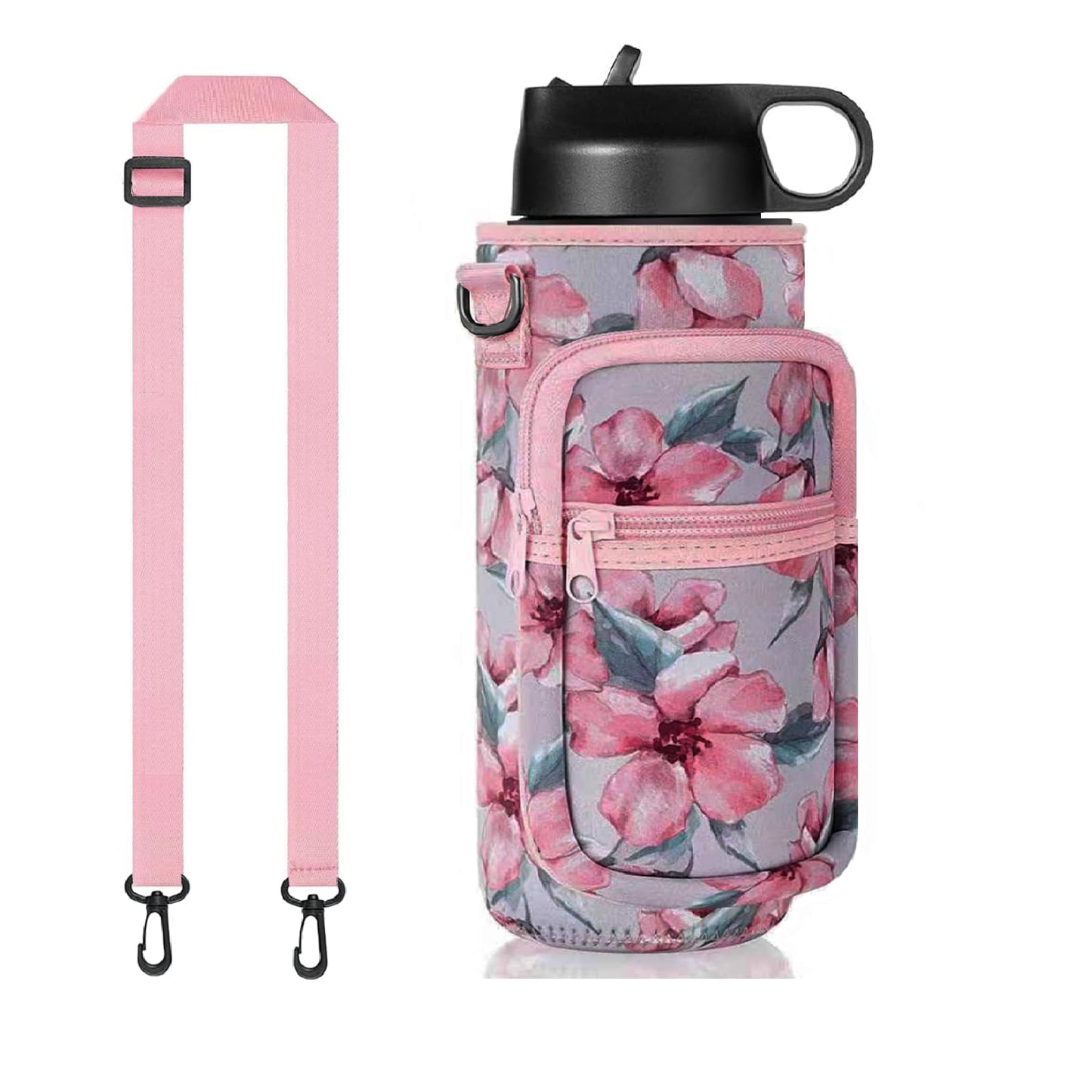 32/40 oz Water Bottle Holder with Strap, 40 oz Insulated Water Bottle Sling Bag Crossbody, Water Bottle Carrier Bag with Phone Pocket for Walking Hiking Camping Fishing(3.34"W * 9.05"H) (Flower Pink)