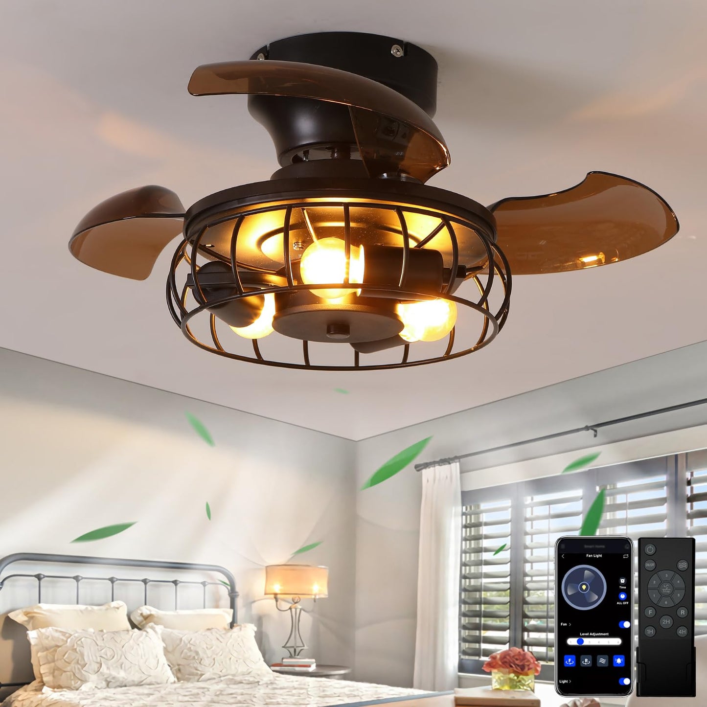 BEALWISE 21.6'' Retractable Ceiling Fans with Lights Caged Farmhouse Ceiling Fan Lights with Remote Control and APP, Rustic Industrial Ceiling lamp Black Fixture for Living Room Bedroom Kitchen, A