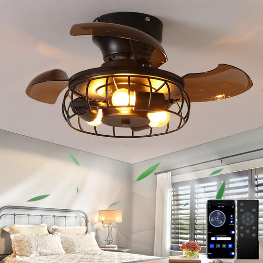 BEALWISE 21.6'' Retractable Ceiling Fans with Lights Caged Farmhouse Ceiling Fan Lights with Remote Control and APP, Rustic Industrial Ceiling lamp Black Fixture for Living Room Bedroom Kitchen, A