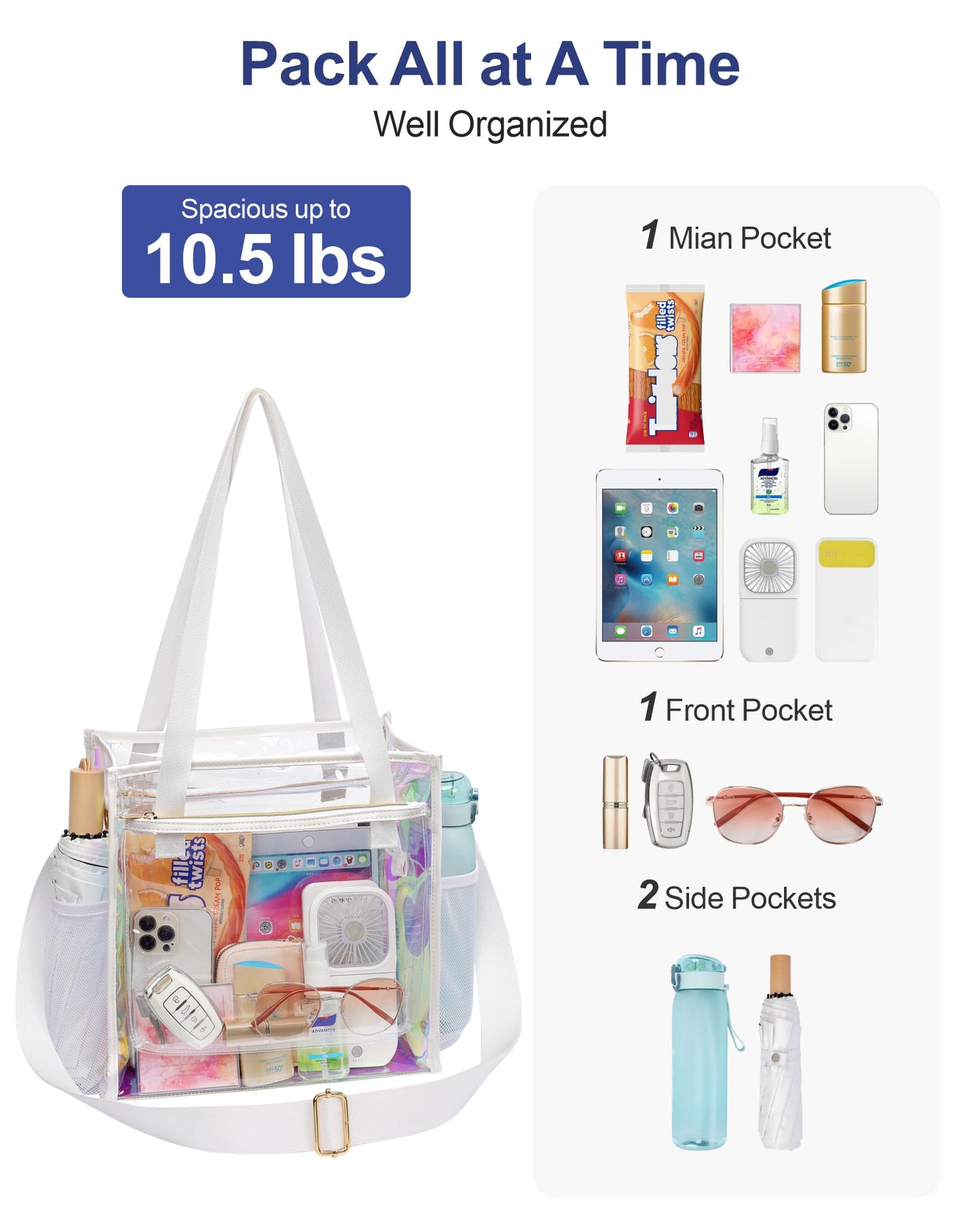 PACKISM Holographic Clear Tote Bag Stadium Approved - Clear Bag for Women 12×6×12 inch for Work Stadiums Concerts Events Quickly Pass, Iridescent White