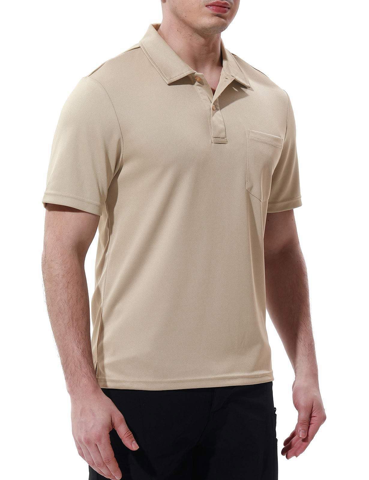 Rdruko Men's Polo Shirts with Pocket Quick Dry Short Sleeve Moisture Wicking Golf Polo Shirt with Pocket(Khaki, US S)