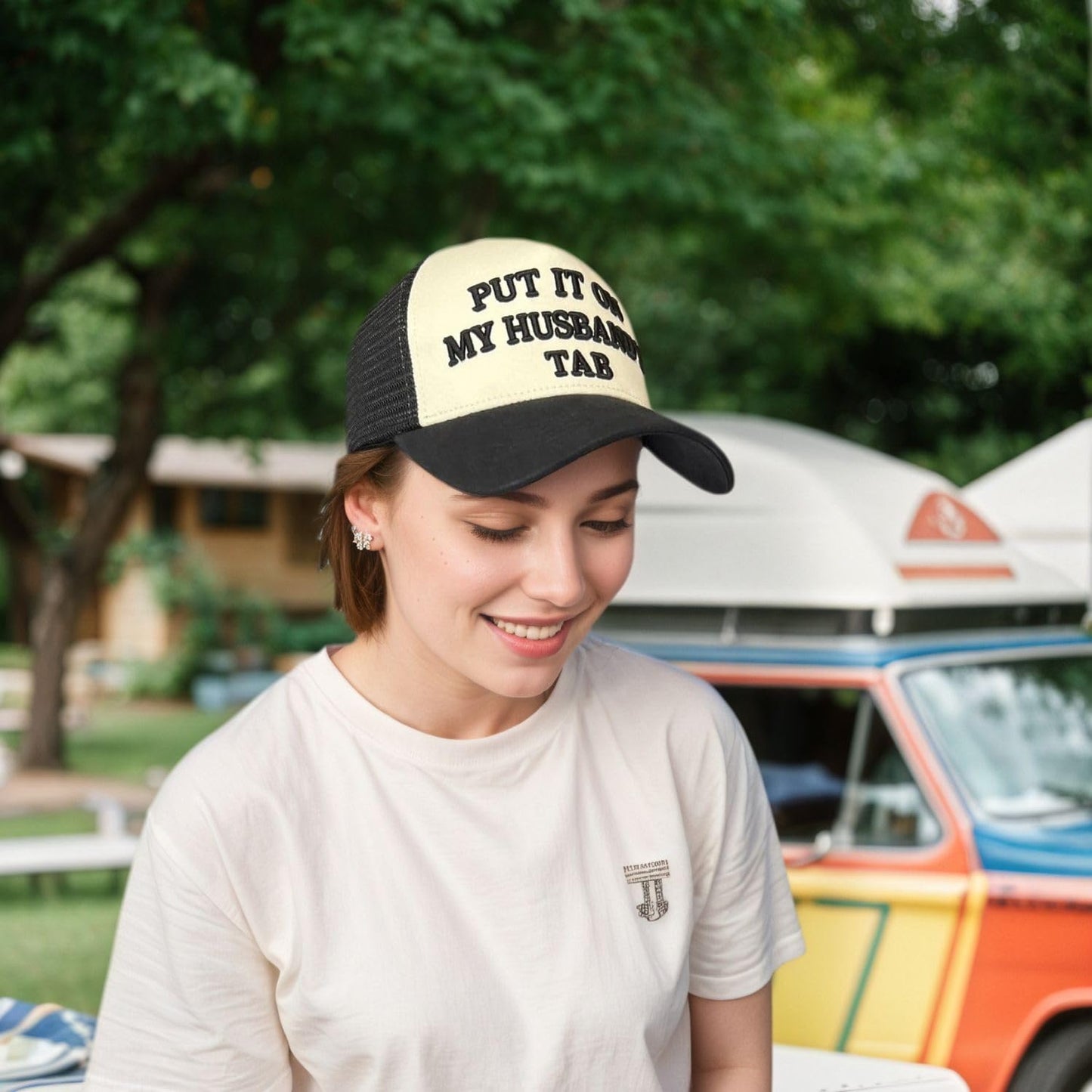 Put It On My Husband’s Tab – Funny Women’s Trucker Hat – 3D Embroidered Mesh Cap, Adjustable Snapback, Retro 5-Panel Baseball Hat