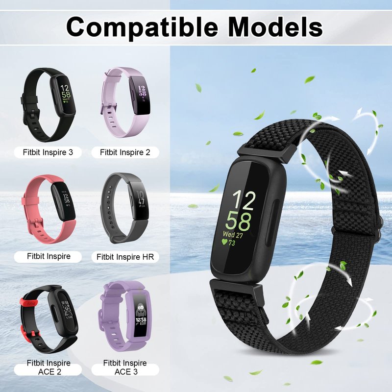 Vodtian 4 Pack Bands Compatible with Fitbit Inspire 3/Inspire 2/Inspire/Inspire HR/Ace 3/Ace 2 Band, Elastic Adjustable Nylon Loop Straps Replacement Sport Stretchy Wristband for Women Men