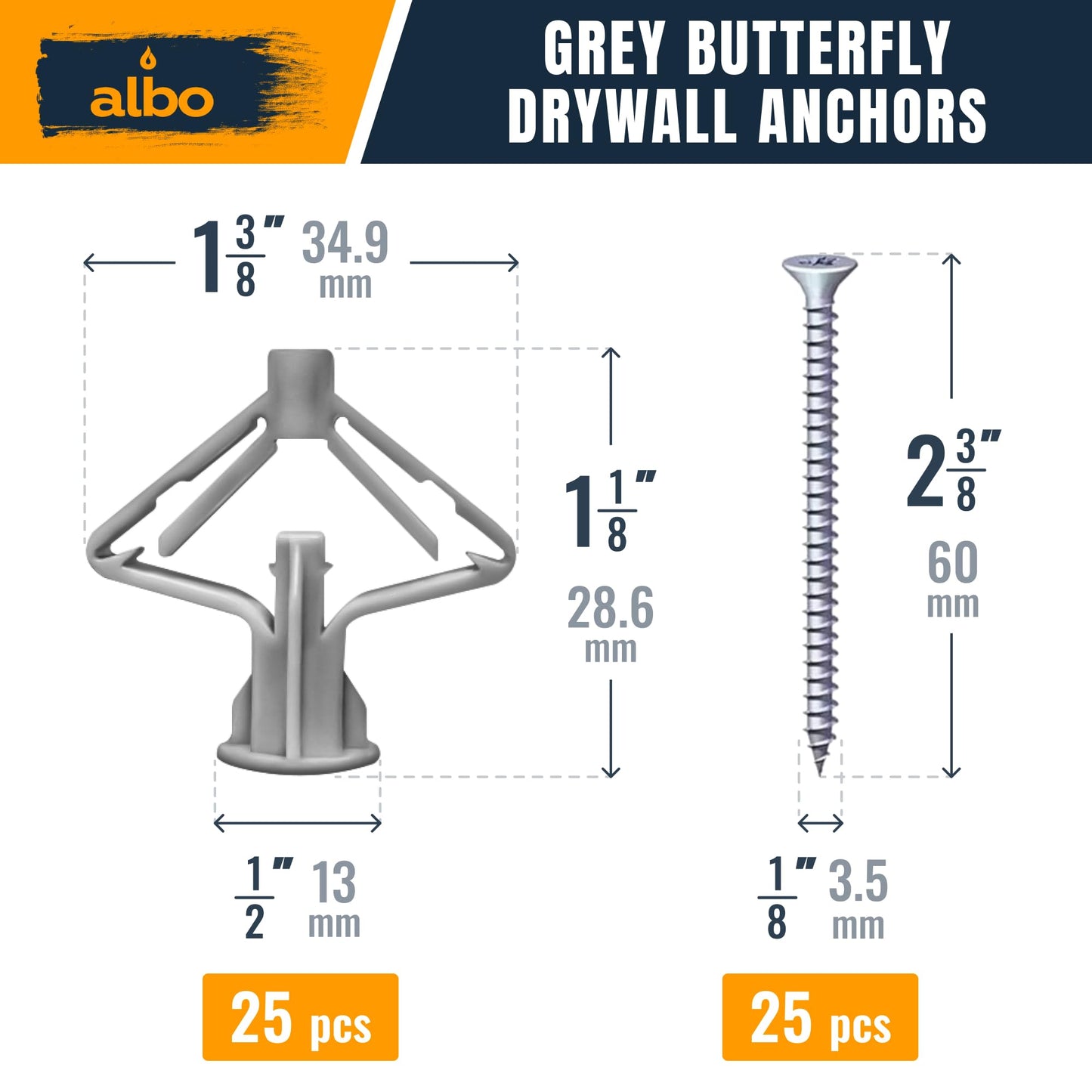 ALBO Drywall Anchor Kit Hollow Wall with Screws 50 pcs. (Grey Anchor 25pcs + Screws 25pcs) Plastic Hollow Wall Drilling Anchors