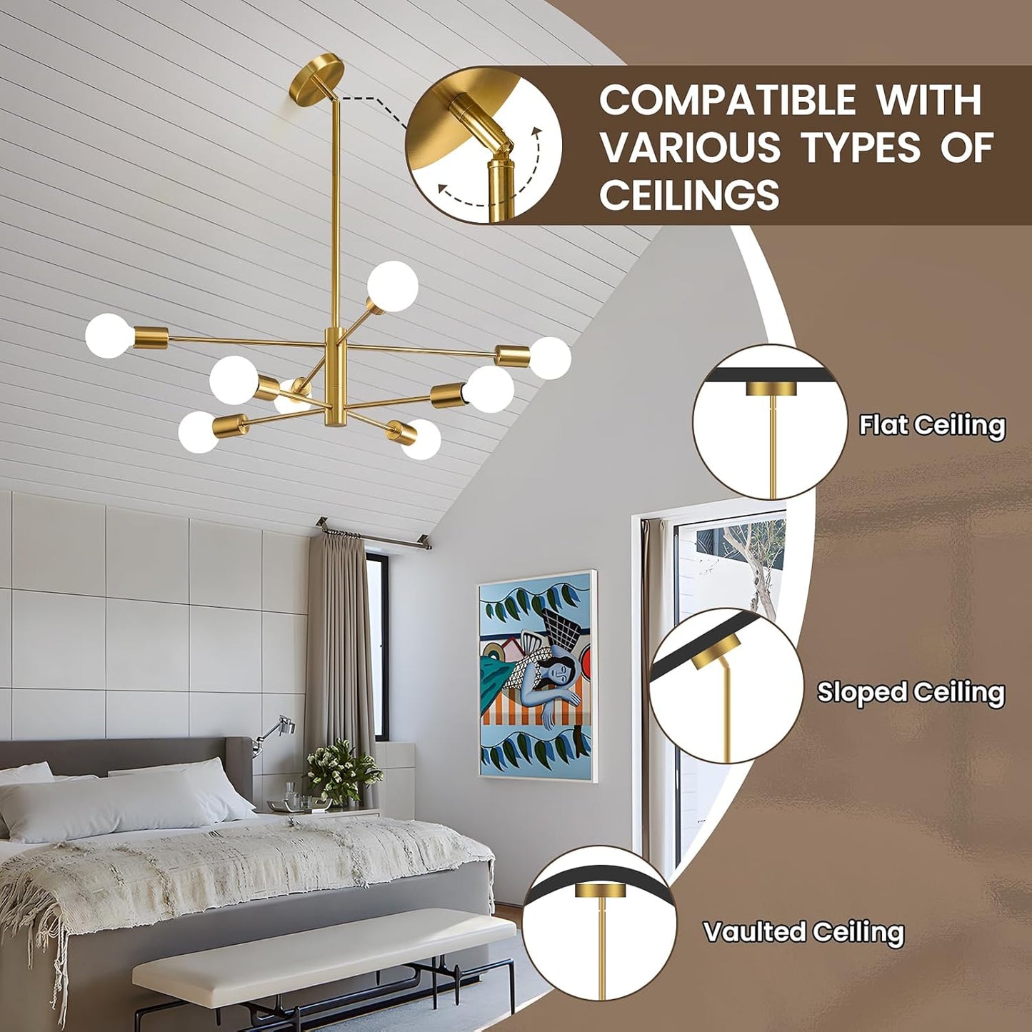 8-Light Gold Sputnik Chandelier - Modern Adjustable Ceiling Light for Dining Room, Kitchen & Foyer