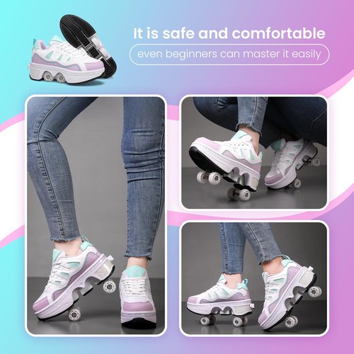 2-in-1 Unisex Roller Skate Shoes with Retractable 4 Wheels - Invisible Deformation & Removable Pulley, Ideal Retractable Roller Shoes for Women for Girls, Boys & Children Purple