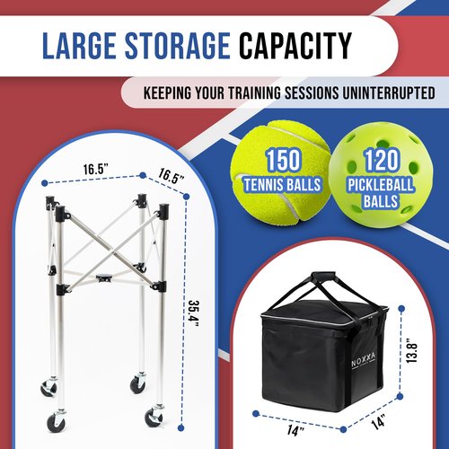 NOXXA Tennis and Pickleball Ball Hopper with Pickup Tube – Pickleball Tennis Ball Basket with Wheels, 150 Tennis Ball or 120 Pickleball Ball Holder Capacity, Indoor and Outdoor