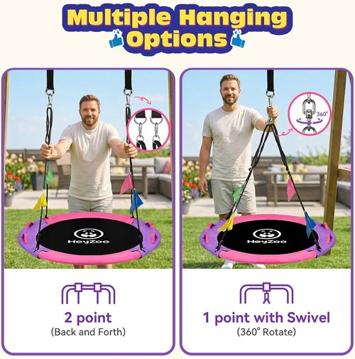 HeyZoo 43-Inch Saucer Swing - 900lbs Weight Capacity for Kids & Adults | 360° Swivel, Adjustable Strap, Pink & Purple
