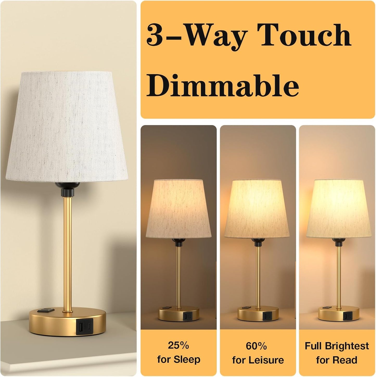 Set of 2 Mini Bedside Lamps with USB-C & AC Outlet - Dimmable Touch Nightstand Lights for Bedrooms