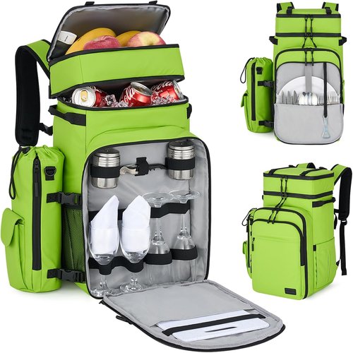 Hanke Backpack Cooler - Portable Soft-Sided Cooler with 2 Insulated Compartments | Water-Resistant Green for Picnic, Beach, Camping, and Hiking
