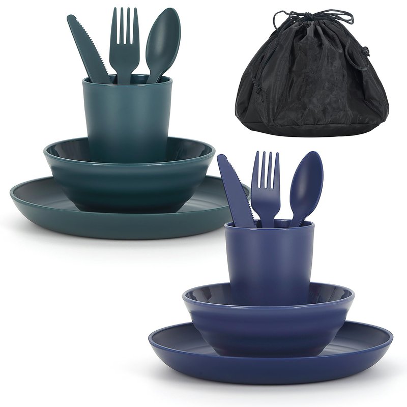 ReaNea Camping Mess Kit for 2 with Bowl, Plate, Cup, Spoon, Fork, Knife and Carry Bag, Plastic Camping Accessories Essentials Gear for Couple Travel, Picnic, Outdoor, Easy to Carry
