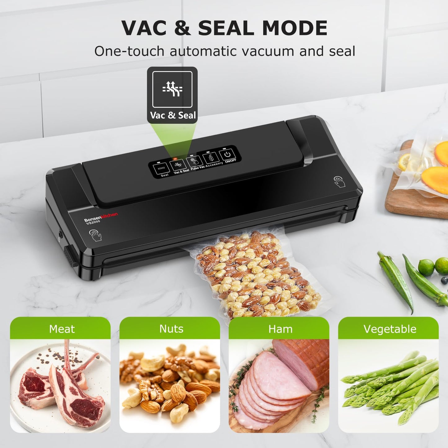 Bonsenkitchen Vacuum Sealer Machine with Bags | Compact Food Sealer for Kitchen Storage & Meal Prep | Multiple Modes | External Vacuum System