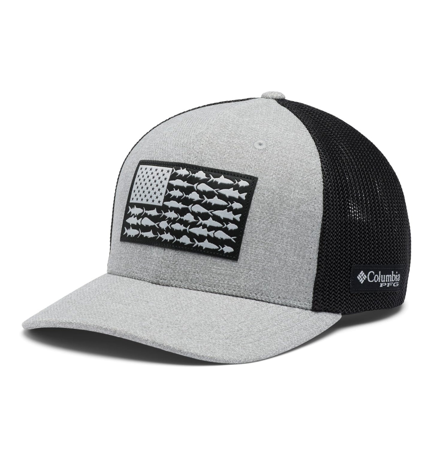 Columbia Unisex PFG Fish Flag Mesh Ball Cap-High Crown, Cool Grey Heather/Grill/US Fish Flag, Large/X-Large