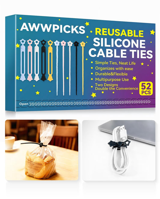 KLKE 52 Pack Silicone Cable Ties, Reusable Star Design Cord Organizer Straps in 2 Styles, Durable & Stretchable Wire Management for Home, Office, Travel (Multicolor)