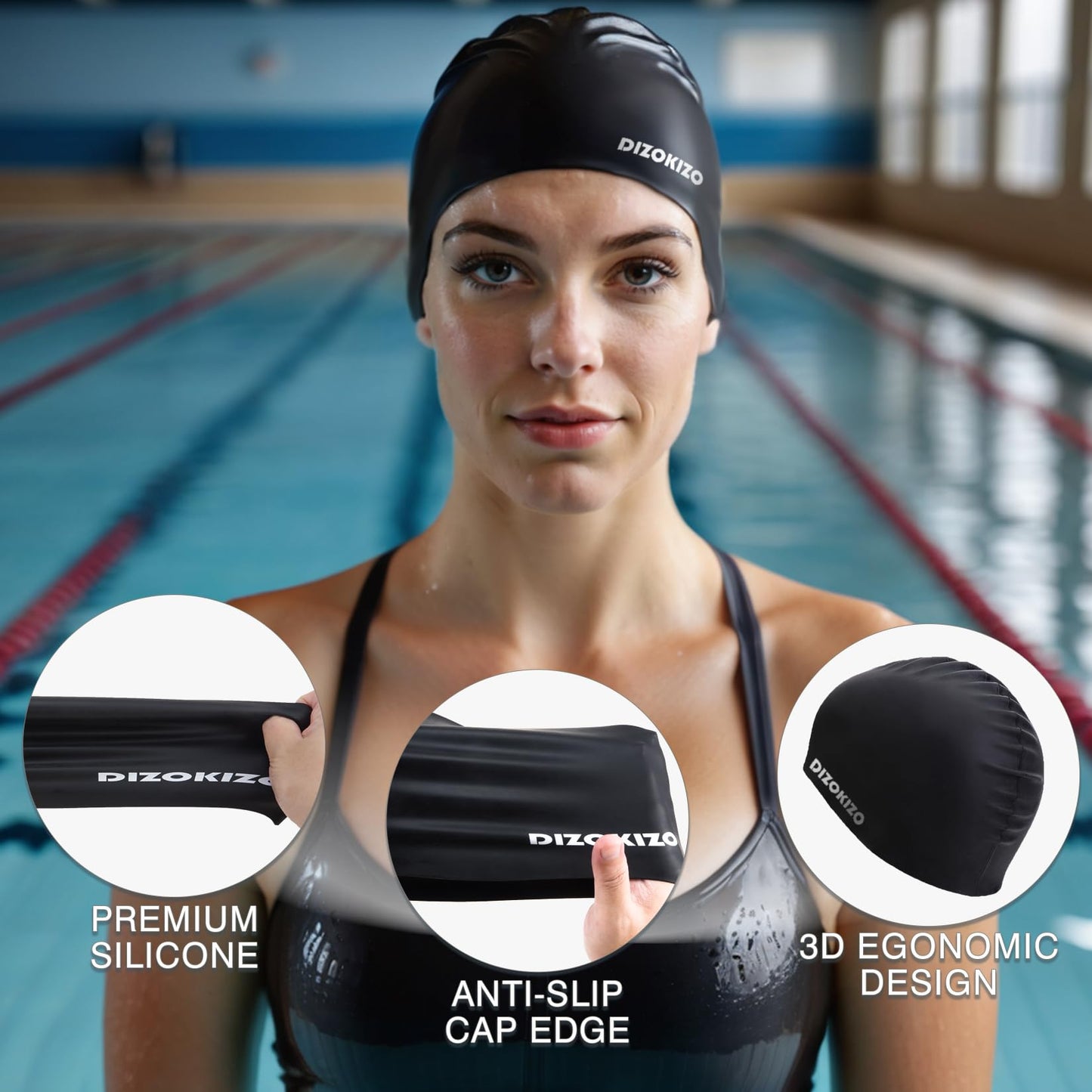 Dizokizo 2pcs High Elasticity Silicone Swim Cap for Women and Men, Comfortable Non-Slip Swimming Caps for Long and Short Hair, Durable Waterproof Swim Hats for Adults, Keep Hair Dry (Grey & Black)