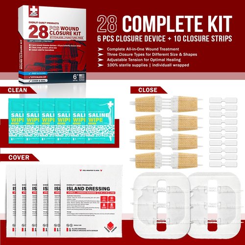 EVERLIT CARE Wound Closure Kit | 28 Pcs All-in-One First Aid with Suture-Free, Stitchless Zip Devices, Butterfly Bandages, for up to 6" Wounds | 100% Sterile Medical Supplies to Clean, Cover & Heal