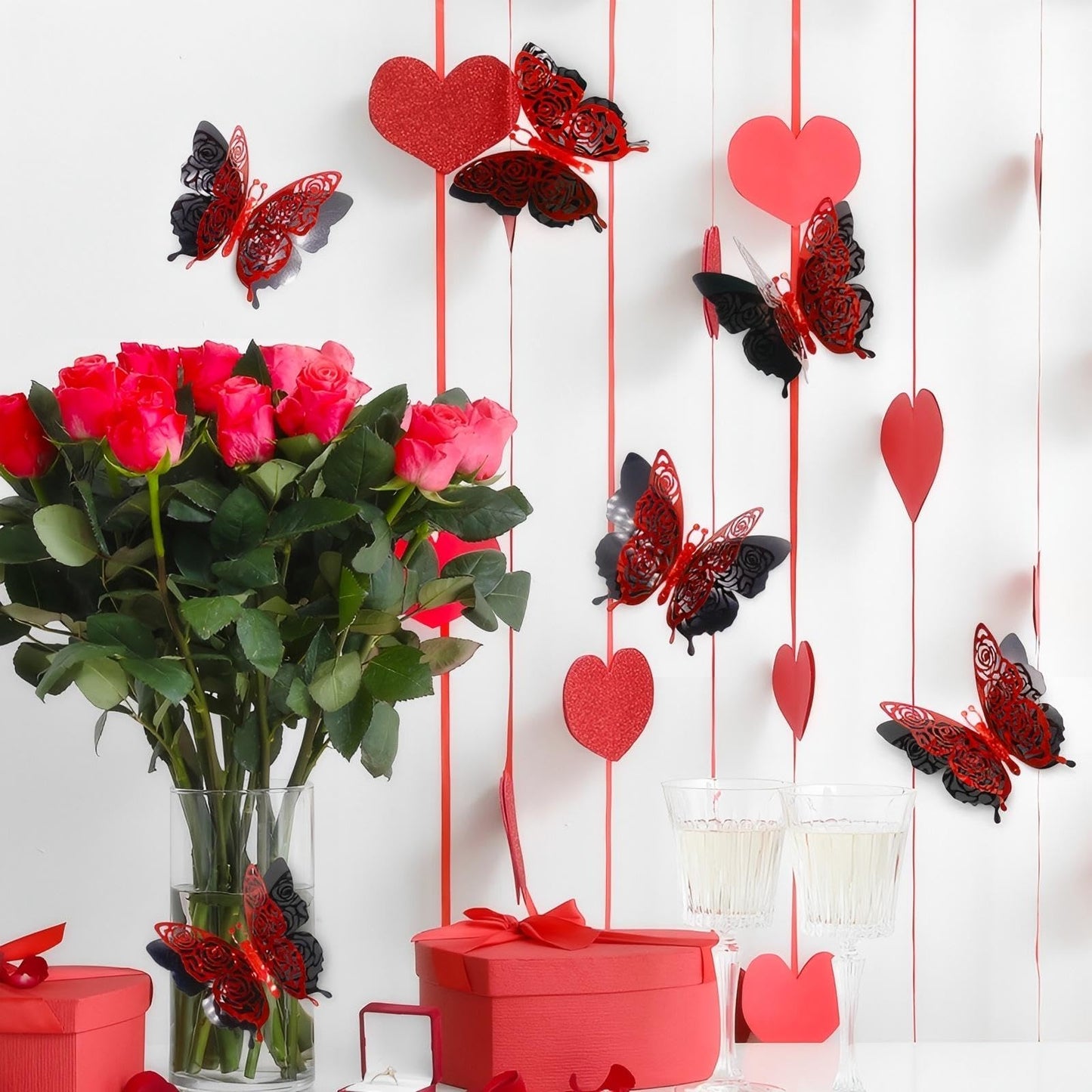 Rchovsam 3D Butterfly Wall Decor Summer Party Rose Butterfly Sticker Decoration 3.85x4.6 inche Red Black Double Deck Removable Sticker for Birthday Holiday Party Decoration-6pcs