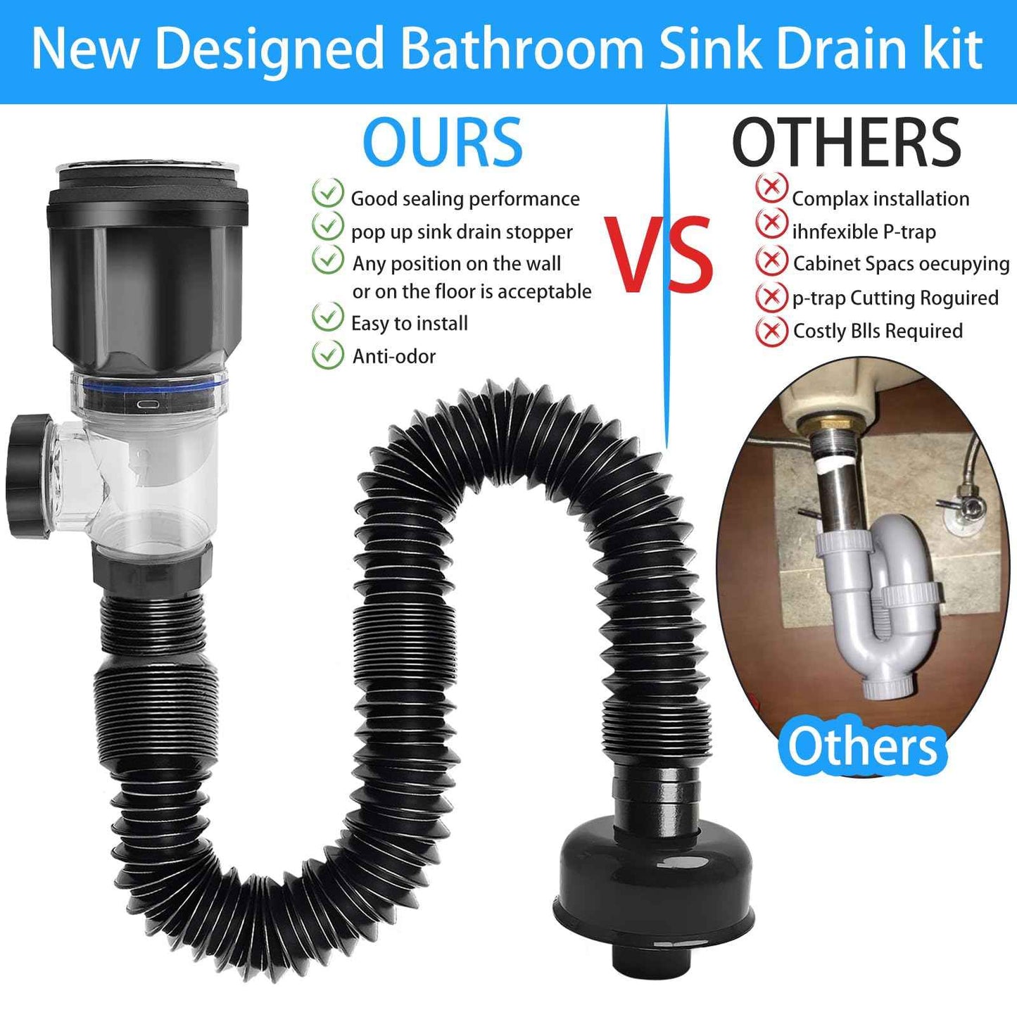 Bathroom Sink Drain kit Black,That can be Used with or Without Overflow,Bathroom Sink Drain with Strainer Basket Hair Catcher and pop-up Stopper， for 1-1/4'' & 1-1/2'' RuQiankun