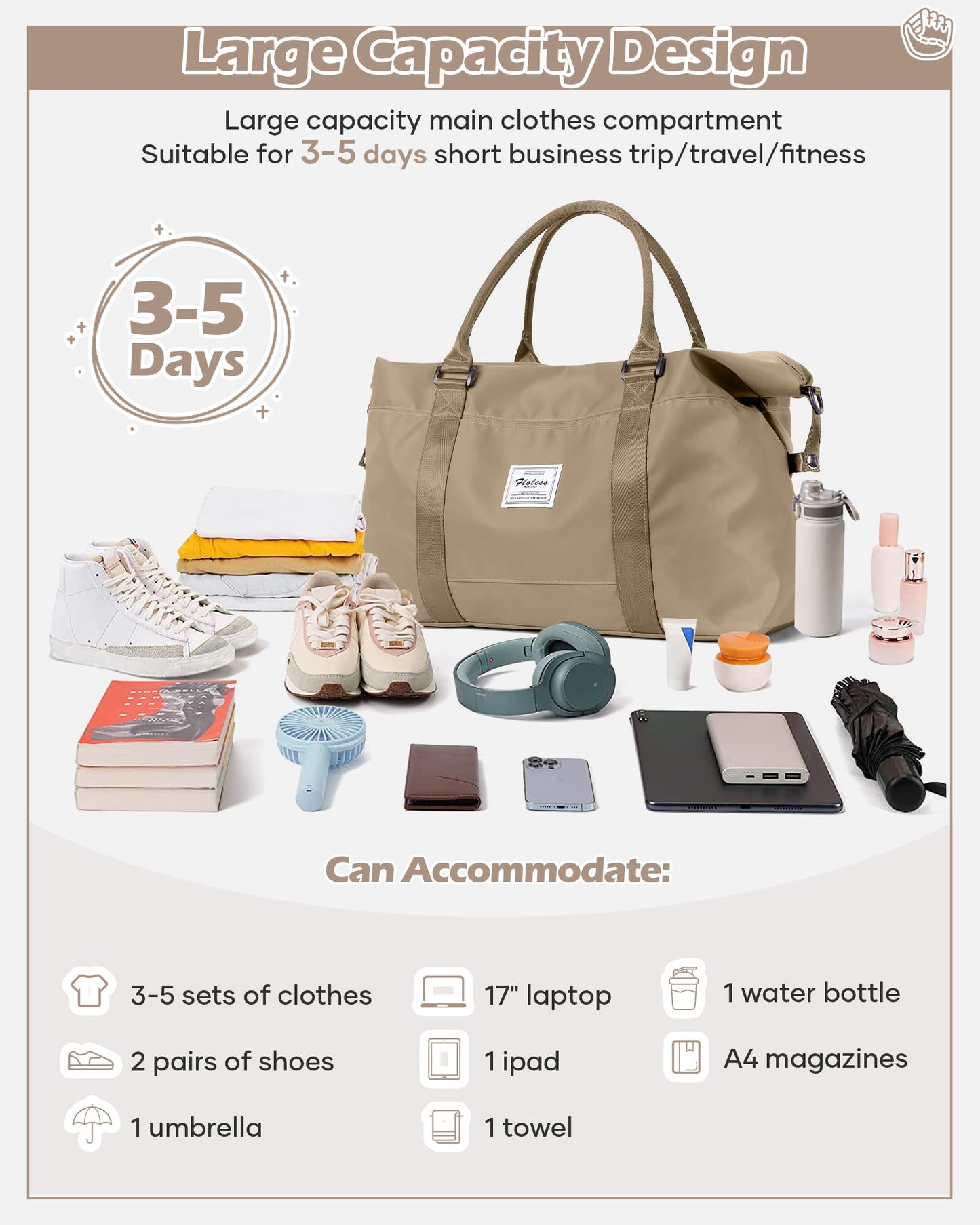 Travel Duffel Bags for Women Mens Waterproof Weekender Carry on Bag Sports Gym Bag Travel Tote Bags with Wet Pocket Overnight Bag Workout Duffel Bags with Trolley Sleeve Khaki