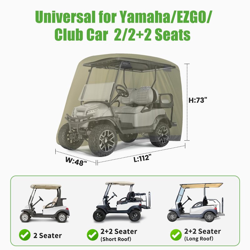 10L0L Universal Golf Cart Covers for Yamaha,Club Car, EZGO, Waterproof 2/4 Passenger Heavy Duty Golf Cart Rain Covers Extended Roof with 3 Zipper Doors (Green)