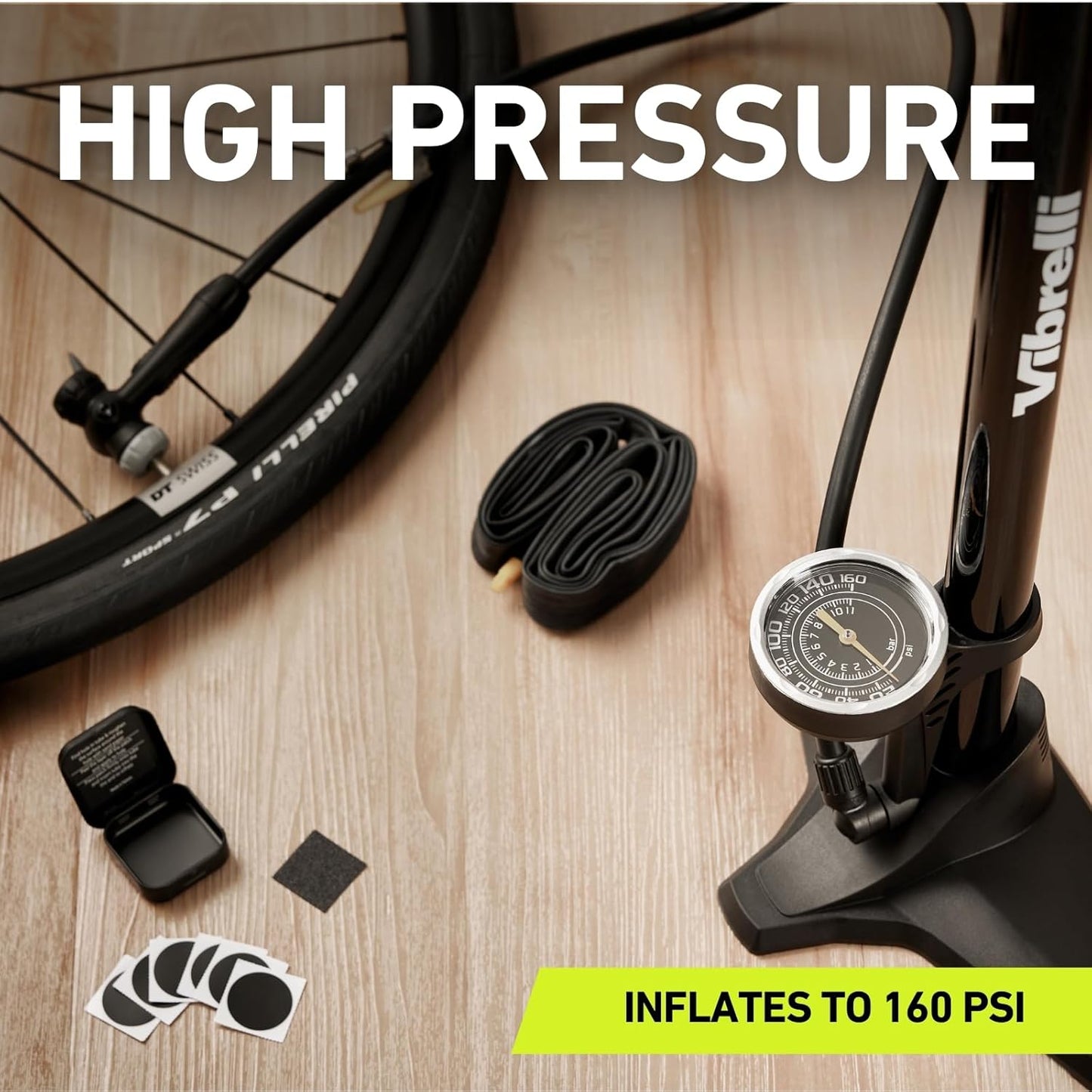 Vibrelli Bike Floor Pump with Gauge - High Pressure 160 PSI | Presta & Schrader Compatible, Includes Puncture Kit