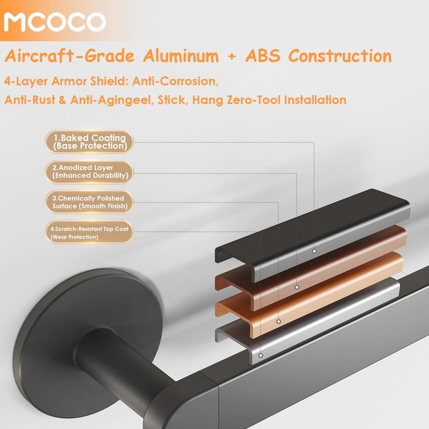 MCOCO Towel Rack for Bathroom Wall Mounted Adhesive Holder No Drill 15.8 inch Multi Use Space Saving Hanger for Towels Pot Lids Shoes 4 Layer Shield Rustproof Home Decor Classic White