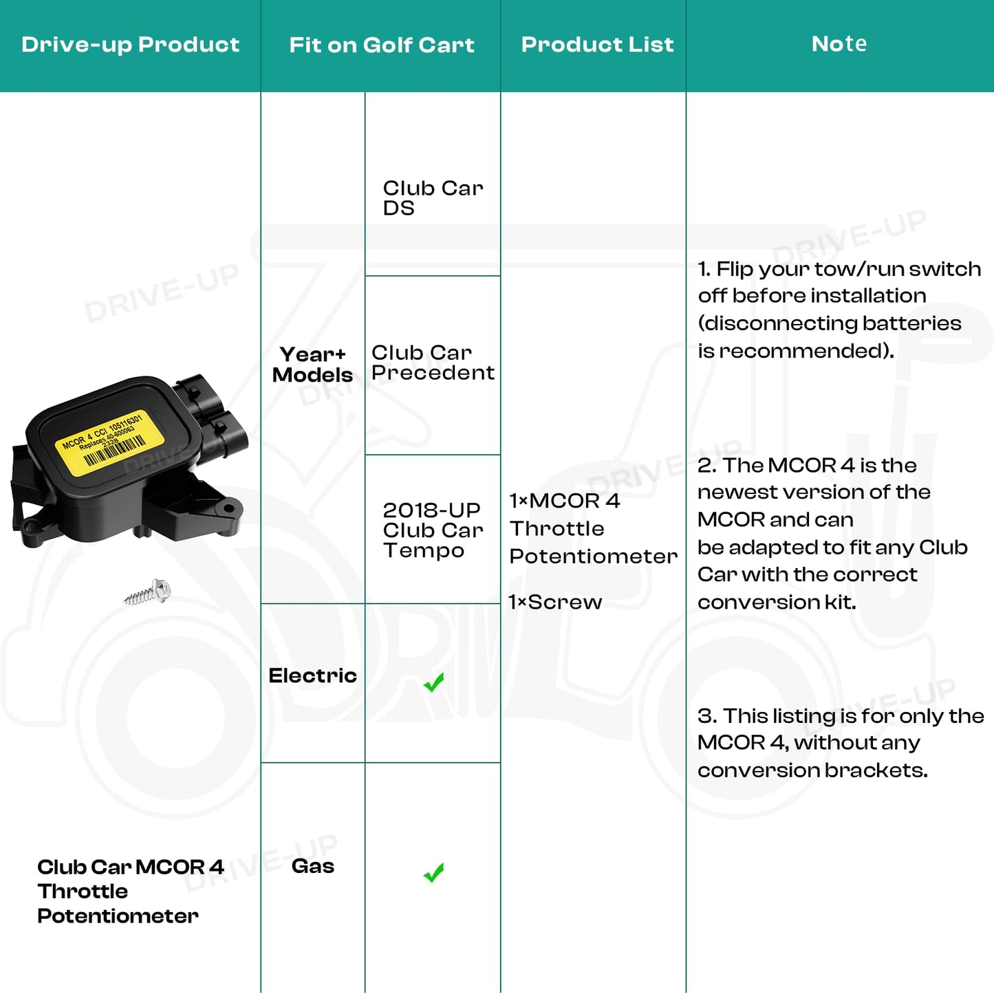 DRIVE UP Club Car MCOR 4, Golf Cart MCOR 4 Conversion Throttle Potentiometer Fits for Club Car Precedent, DS, Carryall, Tempo Golf Carts, OEM# AM293101, 105116301