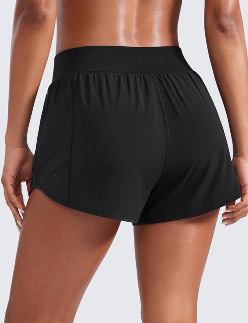 CRZ YOGA Running Shorts for Women - Mid Flat Waist, Quick Dry Mesh Liner, Zipper Pocket, 3" Length