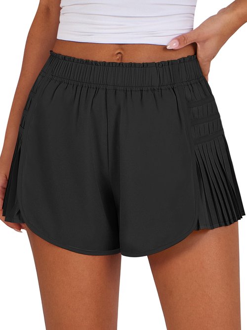 Caracilia Women Running Shorts Flowy Pleated Athletic Shorts Summer High Waisted Tennis Sporty Workout Gym Shorts Solid Black Medium