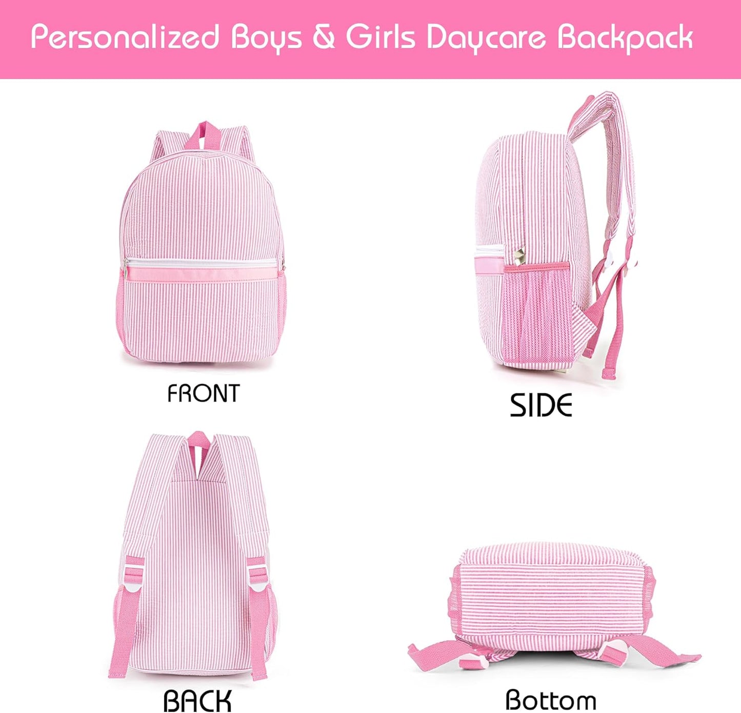 MT WORLD Personalized Toddler Backpack - Embroidered Name Seersucker Design for Girls 2-4 (Pink)