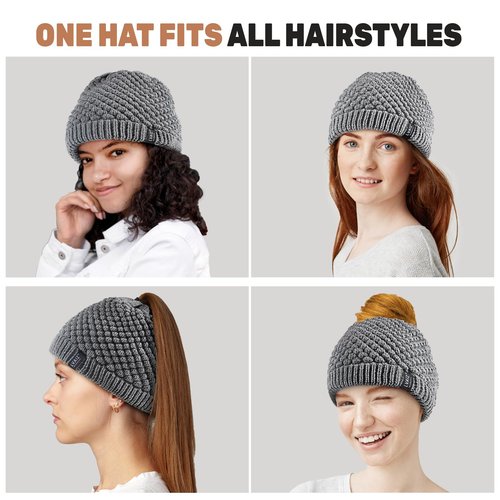 Lvaiz Hats Satin Lined Ponytail Beanie Knit Winter Hat for Women High Messy Bun Hat with Ponytail Hole Warm Skull Cap Women Black