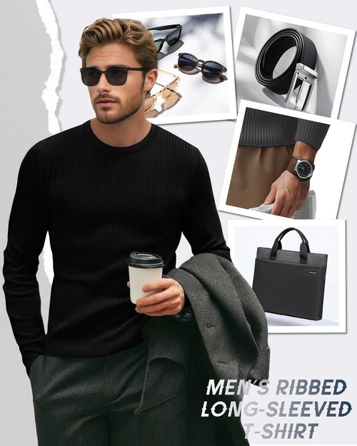 August Alley 4 Pack Men's Cotton Thermal Long Sleeve Shirts Ribbed Crew Neck Tops Slim Fit Undershirts Fall Winter Base Layer(Black, Dark Gray, Dark Brown, Navy Blue,X-Large)