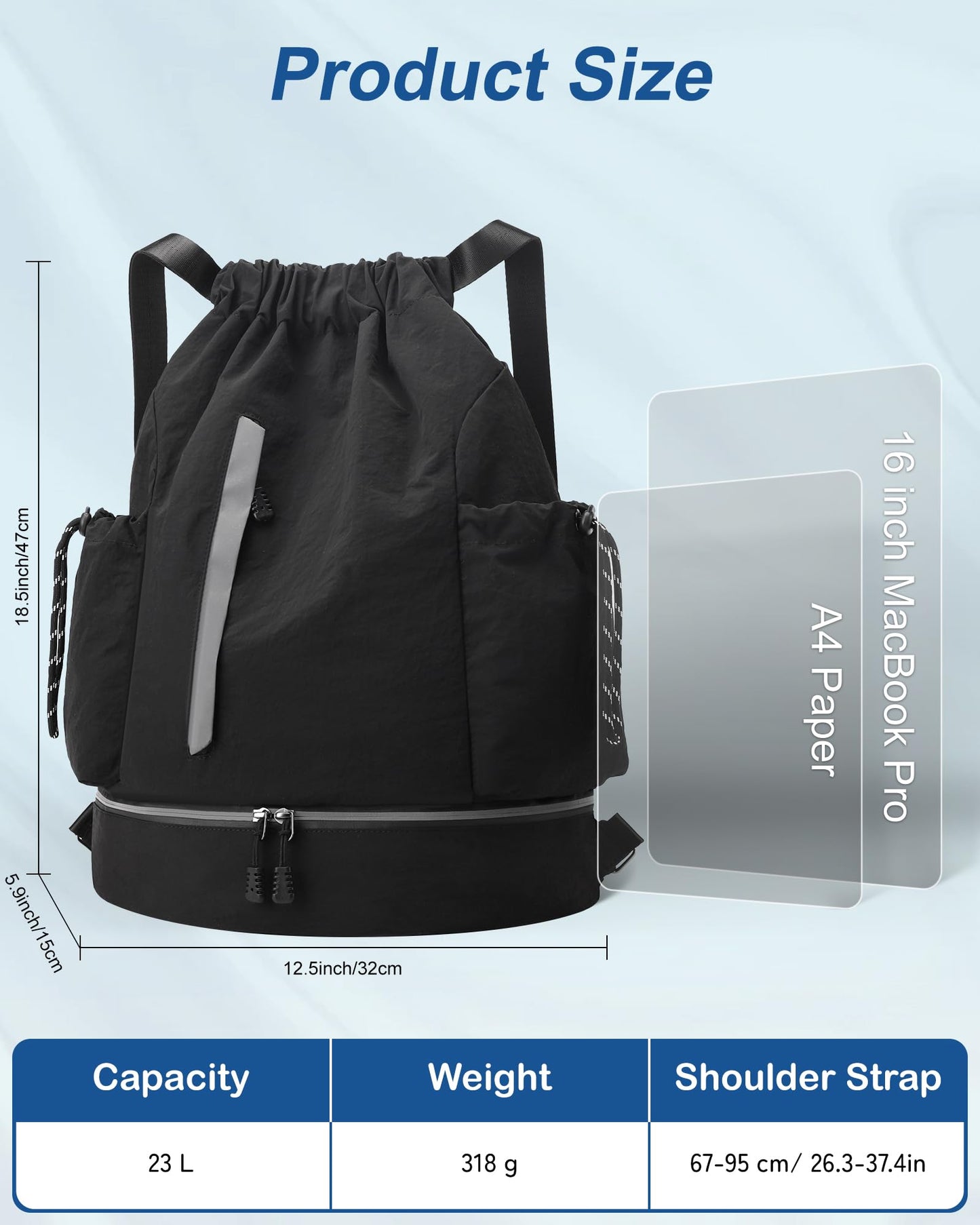 JELUTAR Drawstring Backpack for Men Women Water-Resistant Gym Bag with Shoe Compartment Lightweight String Sport Sackpack for Basketball Soccer Swimming and Travel, Black