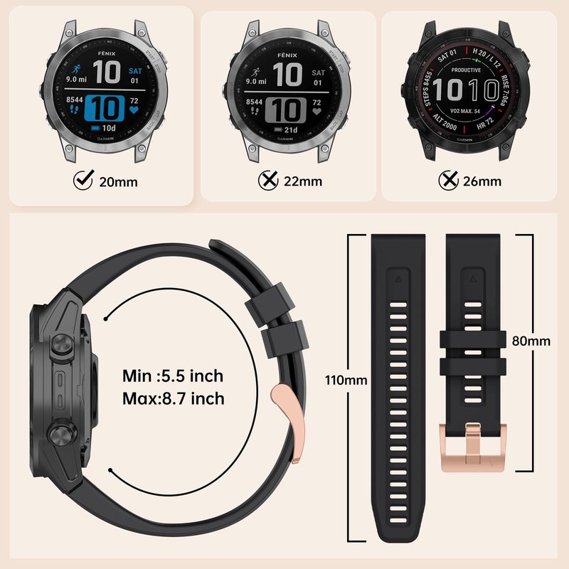RosMank 20mm Quickfit Watch Band Compatible with Garmin Fenix 8 AMOLED 43mm/7S Pro/7S/6S Pro/6S/5S/5S Plus, Silicone Replacement Strap for Approach S70 42mm/Instinct 2S/Descent Mk3s (Black)