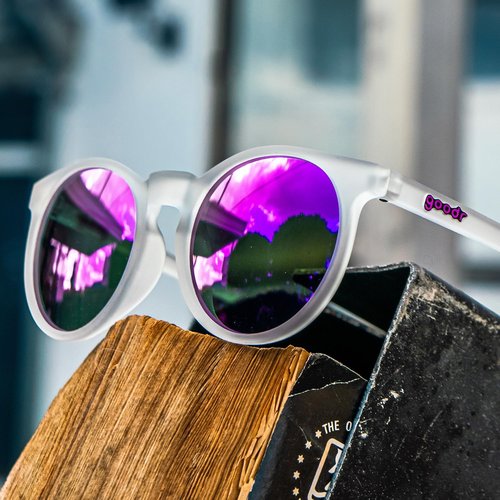 Goodr Polarized Round Sunglasses - Clear Translucent Frame with Purple Mirrored Lenses | Small Size, UV400 Protection