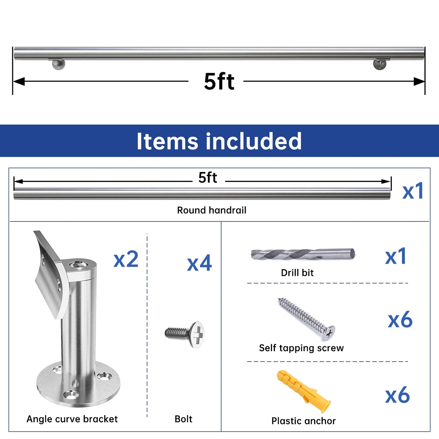 Muzata 5Ft Pre-drilled Stair Handrail 2" OD Round Brushed Wall Mounted Handrail Stainless Steel Safety Hand Rail Indoor Outdoor Stair Hand Railing Wood Concrete Brick Wall, HK27 SL4