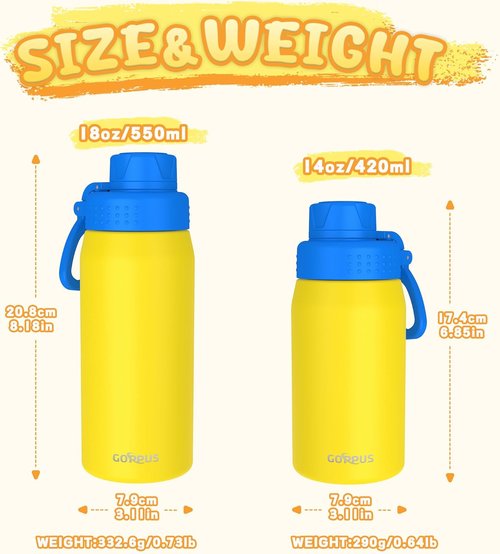 GOPPUS Kids Water Bottle - 19oz Stainless Steel Insulated, Leakproof, BPA-Free - Yellow for School