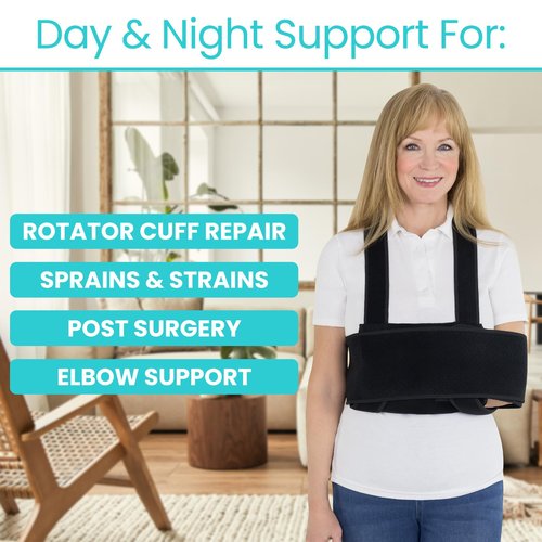 Vive Arm Sling Shoulder Immobilizer for Sleeping (Fits Left & Right) - Comfortable Night Support for Elbow Injury, Rotator Cuff Surgery, Broken Wrist & Hand - Adjustable Straps Fit Men & Women (Black) (Standard)