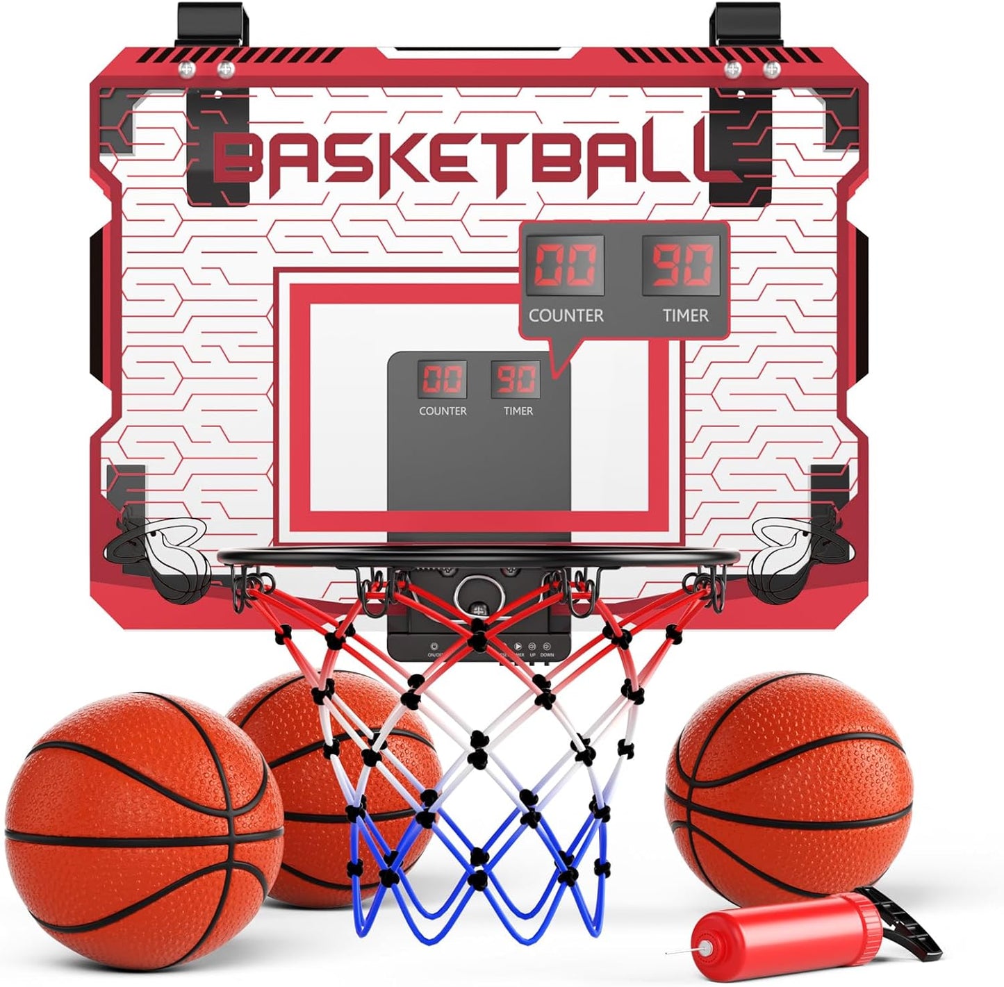 Skiennix Indoor Mini Basketball Hoop - Over The Door Design with LED Lights & Sound Effects | Includes 3 Balls, Perfect Sports Gift for Kids Ages 6-12