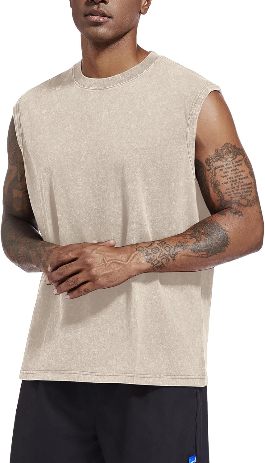 Wrenpies Men's Cotton Workout Tank Top - Sleeveless Acid Wash Muscle Shirt | Loose Fit for Gym & Beach