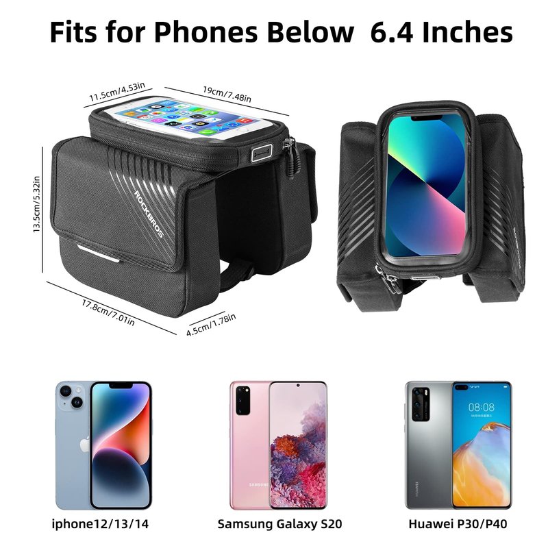 ROCKBROS Bike Frame Bag, Waterproof Top Tube Bike Bag, Large Storage Touch Screen Bike Cell Phone Holder Suitable for iphone X,11,12,13,14 Below 6.4"