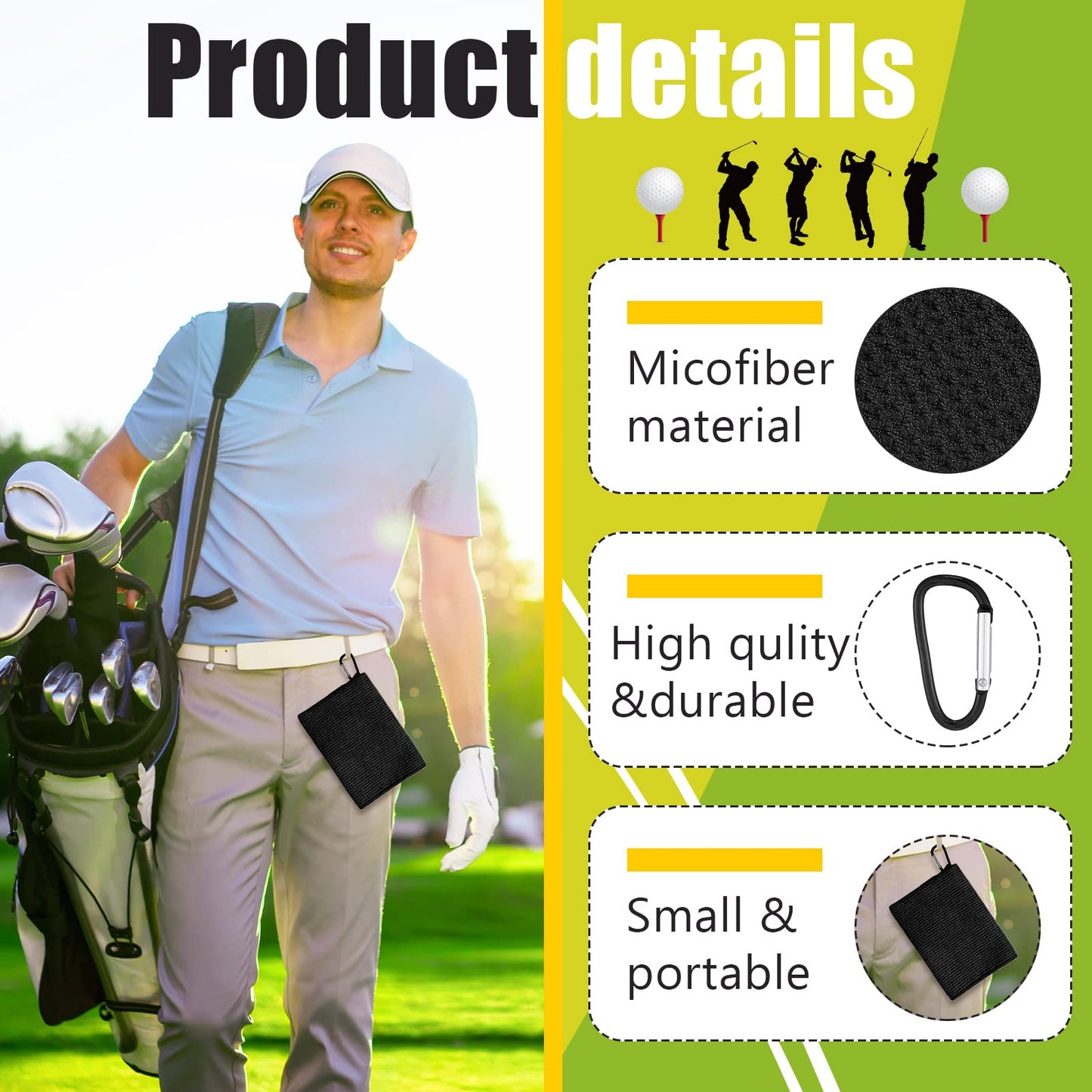 Meanplan 12 Pcs Microfiber Fabric Golf Towel 16 x 23 Inch Tri Fold Towels for Golf Bags with Heavy Duty Clip Waffle Pattern Towel for Men Women Club Gifts(Black)