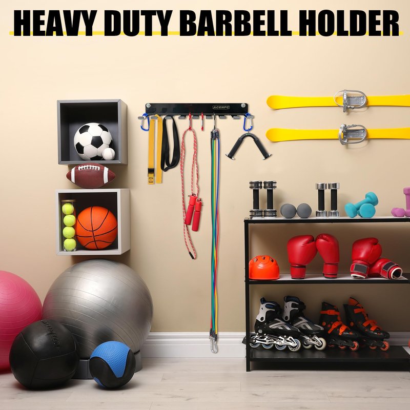 Wall-Mounted Gym Organizer, Barbell Holder Wall Mount, Resistance Band Storage Rack, Home Gym Accessories Holder (3mm)