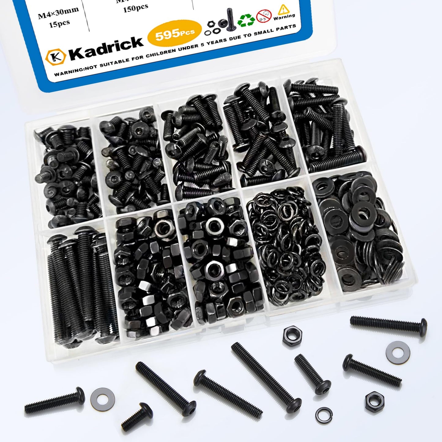 Kadrick 595Pcs M4 Screw Assortment,Machine Screws with Nuts Washers, Grade 10.9 Alloy Steel Hex Socket Button Head Black M4 Bolts Kit,Lenth Form 6mm-30mm
