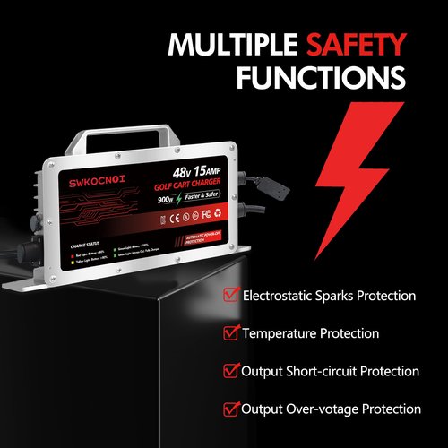 Club Car Battery Charger, 15 AMP 48 Volt Golf Cart Charger with 3-Pin Round Plug, 900W Club Car Charger, 20% Faster & Safer for Lead Acid/LiFePO4 Battery, Auto Power-Off & IP67 Waterproof