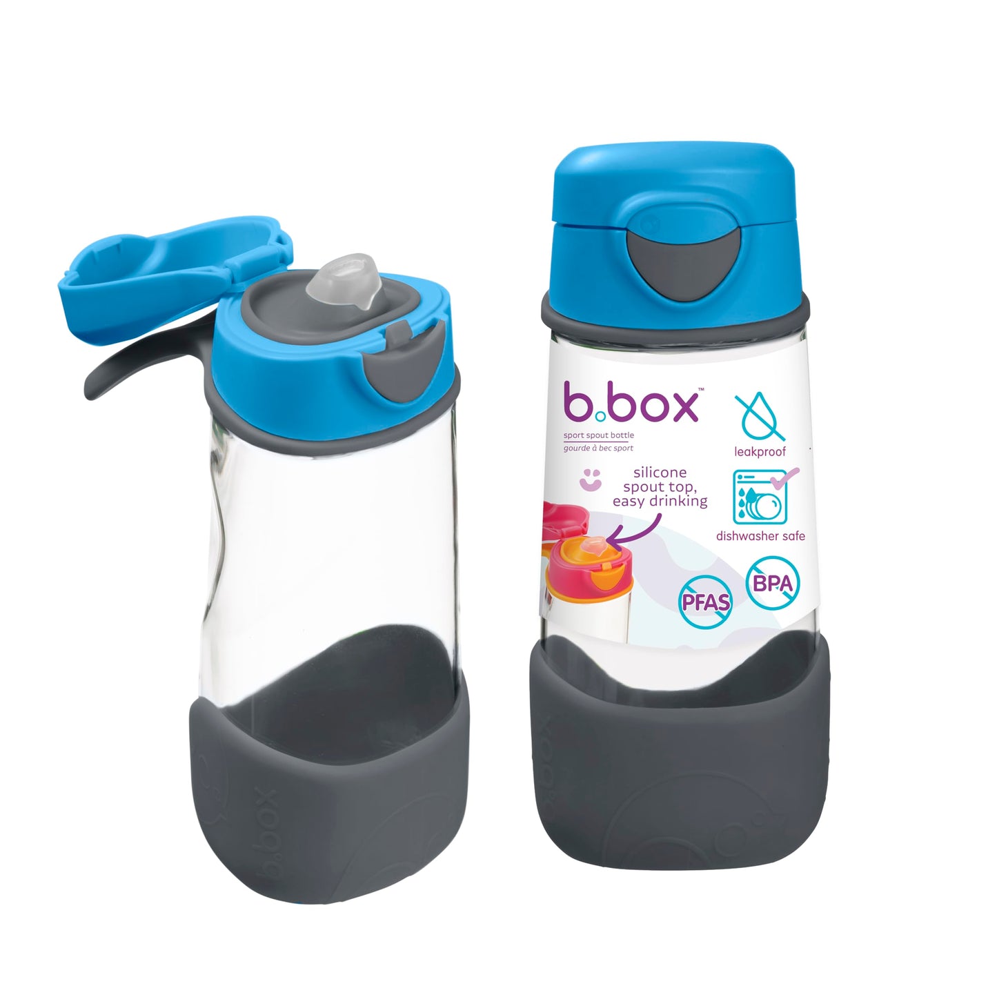 b.box 15oz Sport Spout Kids Water Bottle for School, Sports, Daycare - No-Straw Design for Easy Cleaning - Leakproof - Ergonomic Triangle Grip - Dishwasher Safe, BPA Free, PFAS Free - Blue Slate