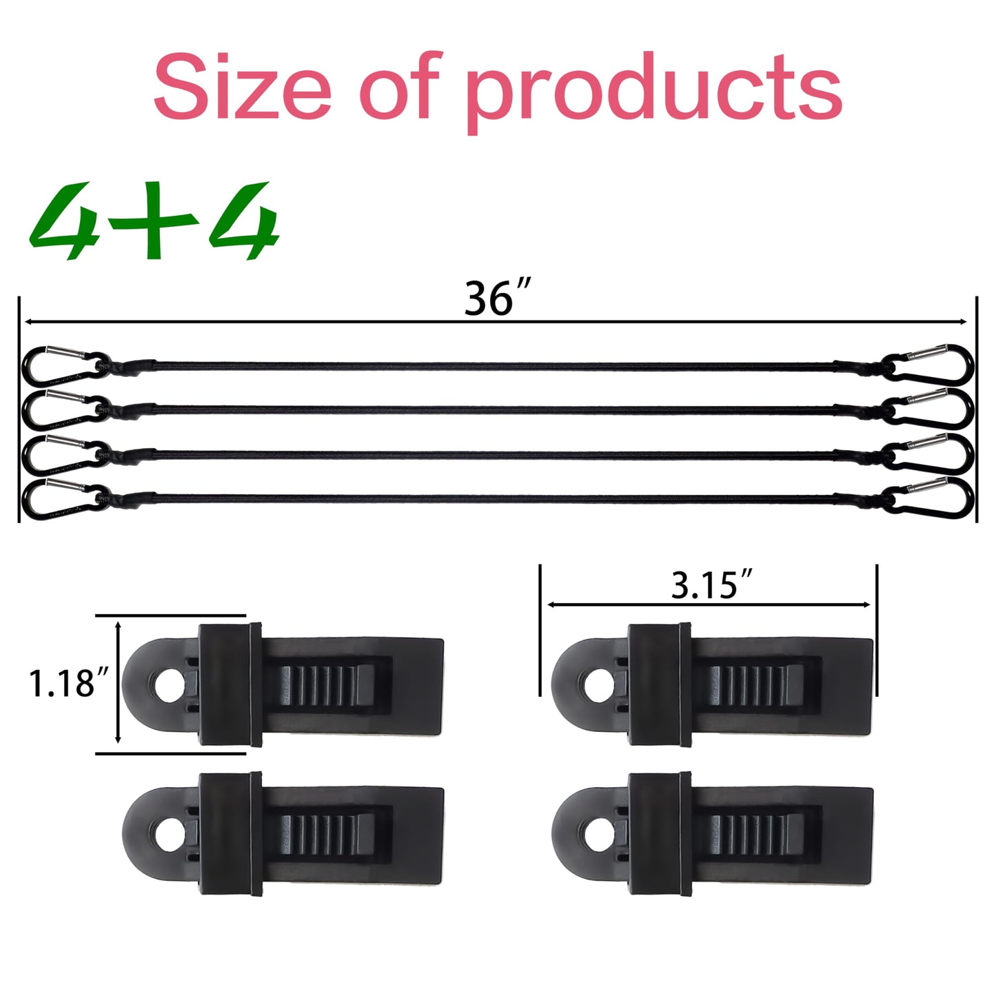 YELIER Bungee Cords with Carabiner Hooks (Black, 36"), 4pcs Bungee Cords with Hooks with 4pcs Tarp Clips, Strong and Odor-Free for Outdoor, Tent, Cargo, RV