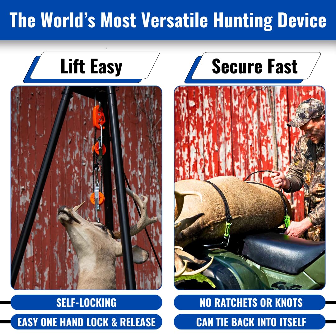 Tie Boss - Self Locking, Block and Tackle Pulley Hoist System with 35 ft of Polypropylene Solid Braided Rope. (Rated for 300lbs)